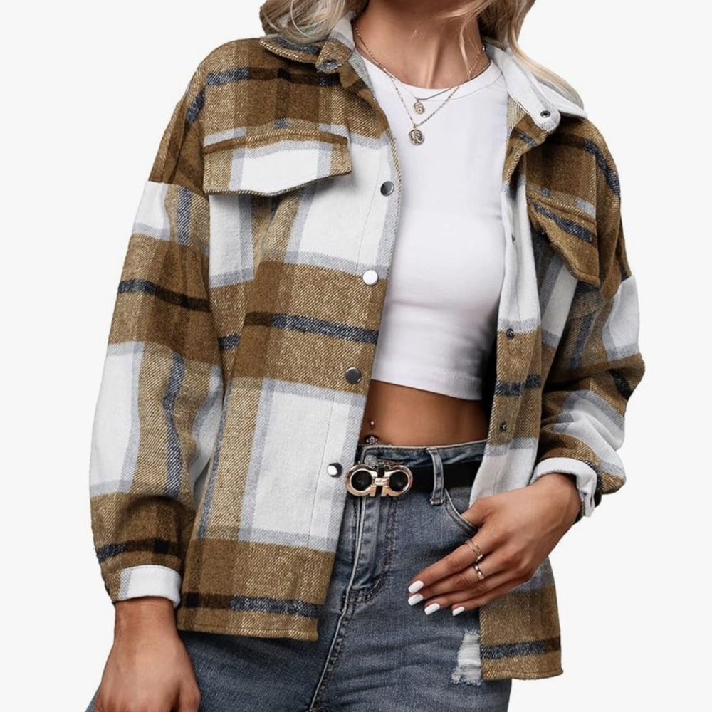 Chic Nation Plaid Utility Jacket in Brown and White